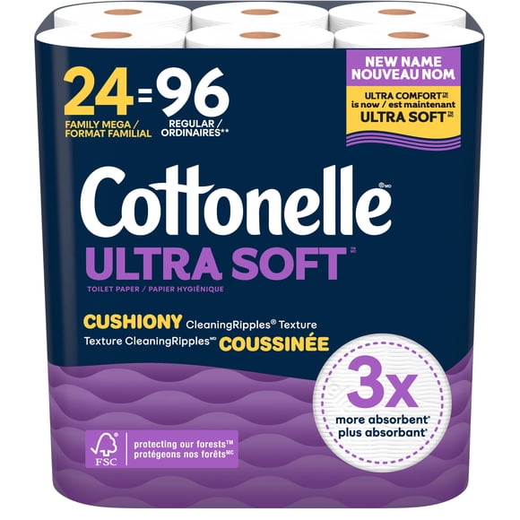 Cottonelle Ultra Comfort Toilet Paper, Strong Toilet Tissue, 24 Mega Rolls (24 Mega Rolls = 96 Regular Rolls), 244 Sheets Per Roll
