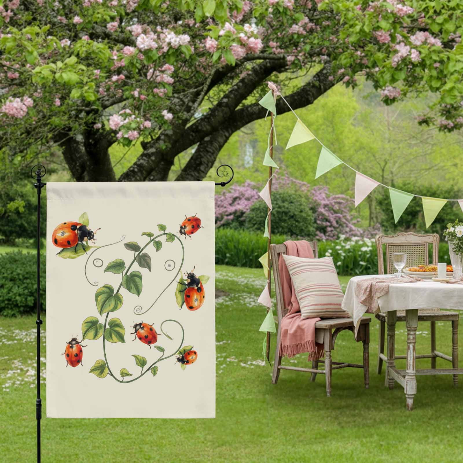 Red Ladybugs House Flag 28 x 40 Inches, Vines Cartoon Leaves Spring Plants Green Weather Proof Outdoor Patio Flags Double Sided Small House Decoration for Yard Lawn Outside Home