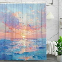 Abstract Ocean Beach Shower Curtain, Blue Ocean Coastal Sunset Sunrise Shower Curtain Bathroom Set, Summer Nature Landscape Hawaii Seagull Seaside Sun Rays Shower Curtain with 12 Hooks 72x72 inch