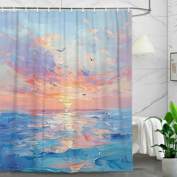Abstract Ocean Beach Shower Curtain, Blue Ocean Coastal Sunset Sunrise Shower Curtain Bathroom Set, Summer Nature Landscape Hawaii Seagull Seaside Sun Rays Shower Curtain with 12 Hooks 72x72 inch