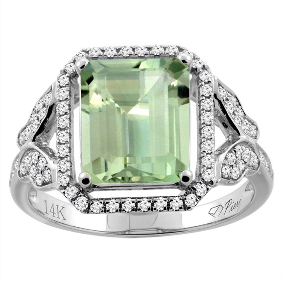 14K White Gold Natural Green Amethyst Ring Octagon Shape 10x8 mm Diamond Accents, size 10