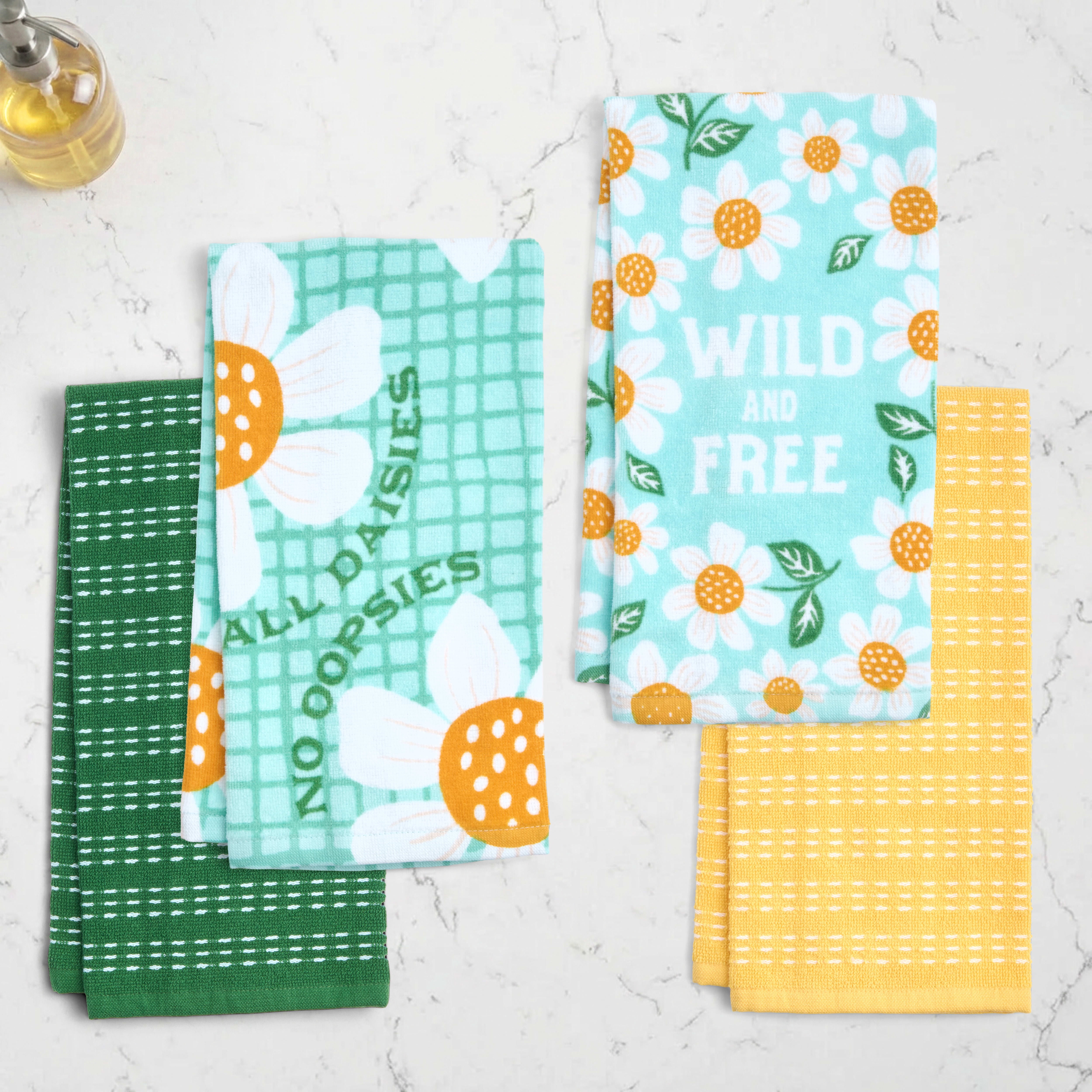RITZ 100% Cotton Summer Kitchen Towels, Set of 4, Daisy Free Dish Towels Set
