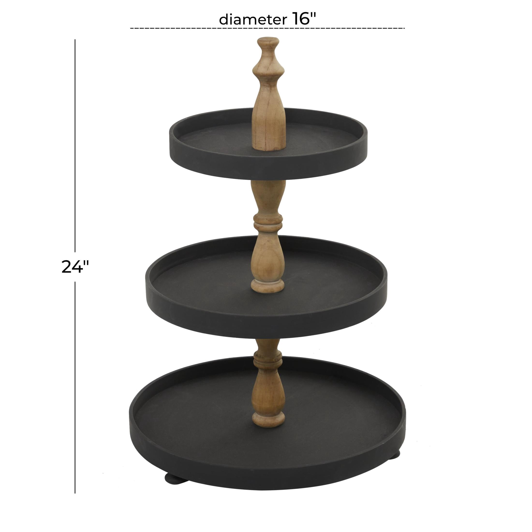 DecMode 16" x 24" Black Wood 3 Tiered Server with Brown Post, 1-Piece