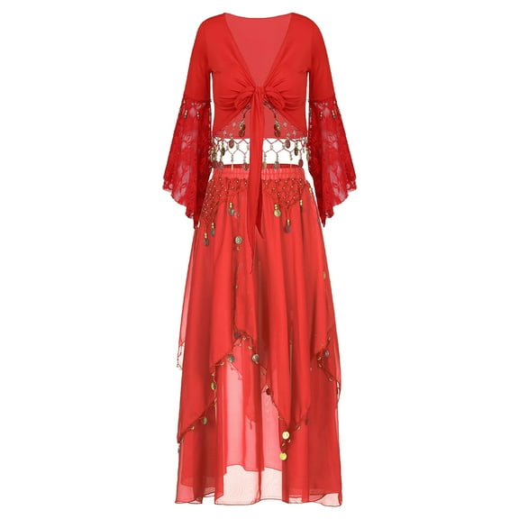 Alvivi Women Belly Dance Costume Crop Top Cardigan With Irregular Skirt Bollywood India Dancewear Red 3XL