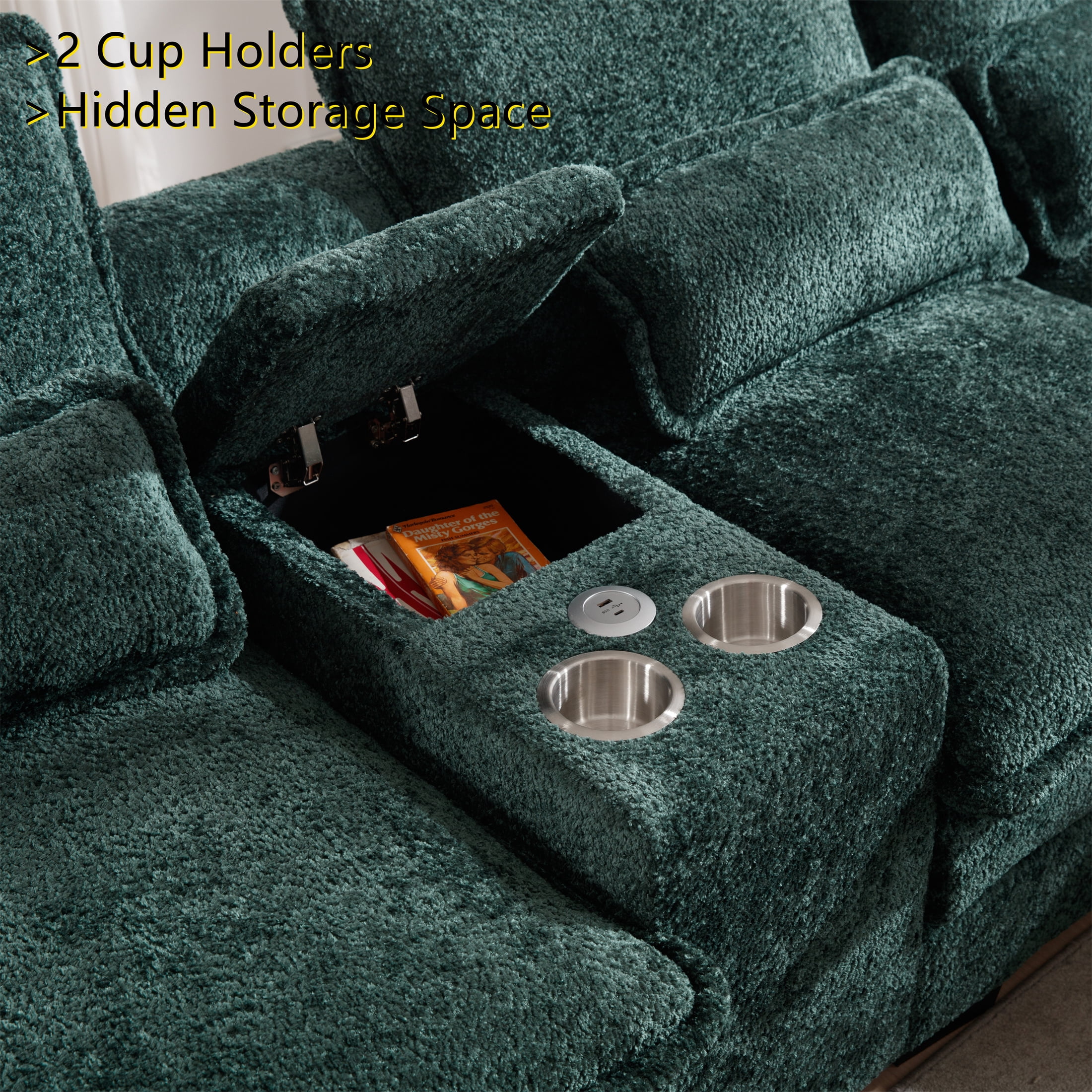 Aukfa 123" Oversized Sectional Sofa U-shaped Couch w/ Cupholder Console & USB Port for Living Room, Chenille, Green