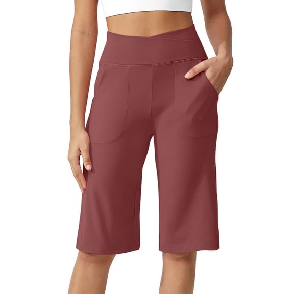 Capri Pants for Women Knee Length Wide Leg Yoga Capris Dressy Casual Summer Crop Pants with Pockets Red 2XL