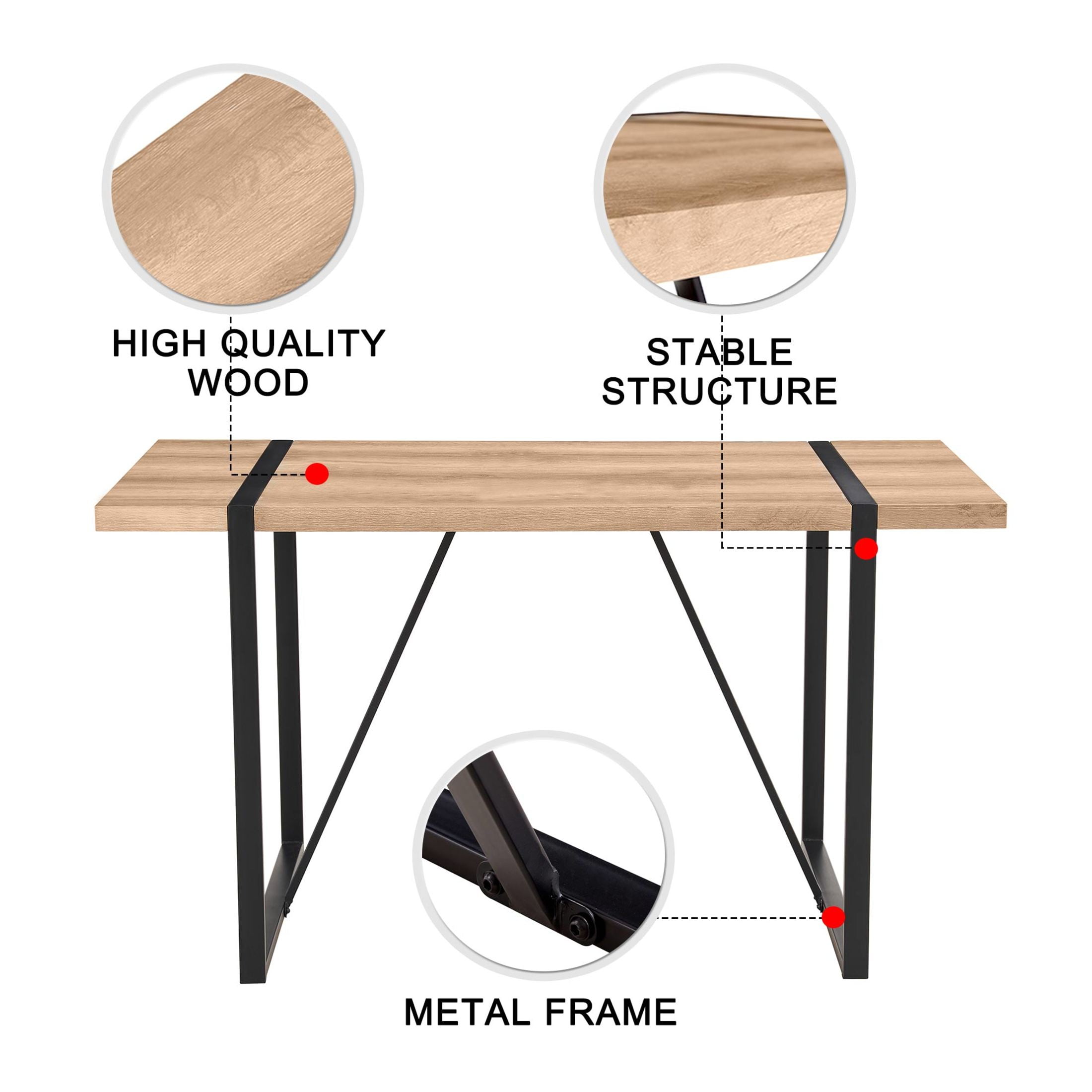 Noble House 55.1" Rectangular Dining Table, Thick MDF Wood-Look Tabletop, Black Metal Legs, Rustic Brown