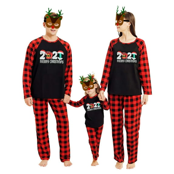GRNSHTS Matching Family Pajamas Sets Christmas PJ's Letter Black Long Sleeve Tee and Plaid Pants Loungewear