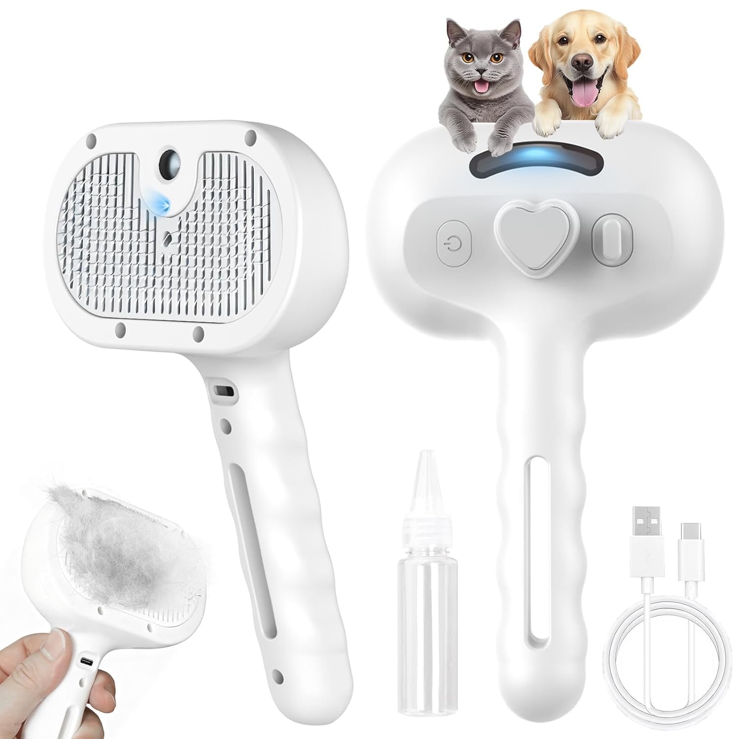 Pet Steam Brush for Dogs Cats 3-in-1 Professional Grooming Brush with Steam Mist Technology for Effective Shedding Hair Removal Self-Cleaning Spray Comb for Long/Short Haired Pets (White)