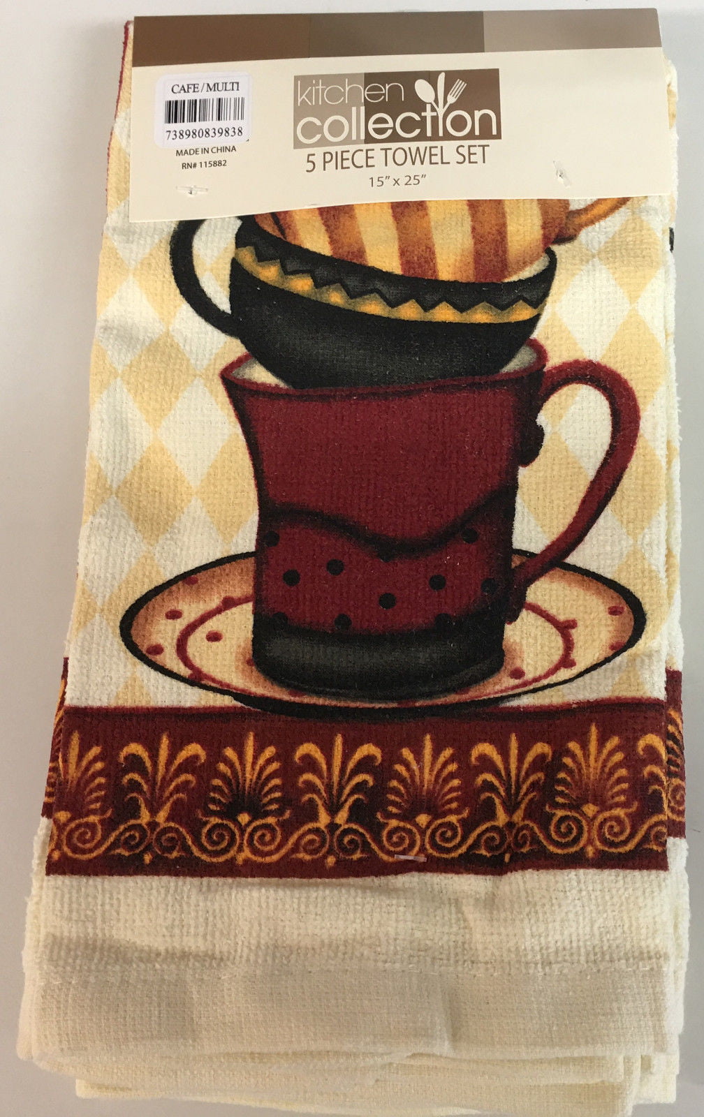 HOT MOCHA COFFEE CUP KC 5 pc SAME PRINTED TERRY KITCHEN TOWELS SET 15" x 25" 