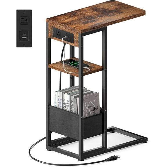 C Shaped End Table with Charging Station, Small Side Table for Couch Recliner, Slide Under Sofa Desk Snack Tables with Storage Bag & AC / USB Outlet, Small Spaces Drink Tables for Living Room, Bedroom