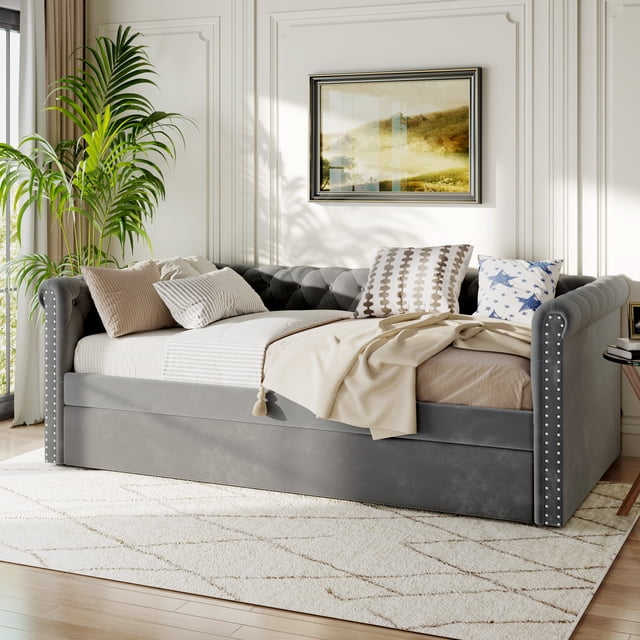 Noble House Upholstered Daybed with Trundle, Tufted Button Design with Curved Arms, No Box Spring Needed,Grey