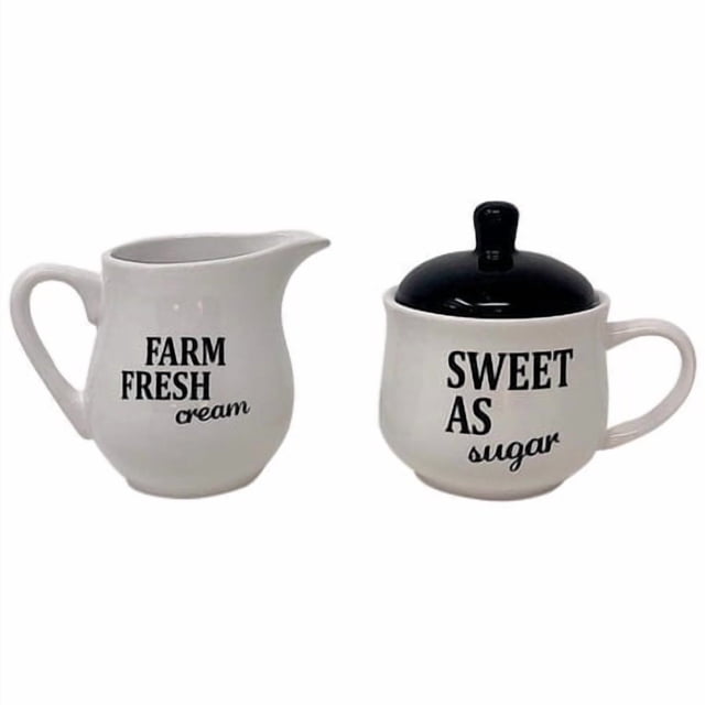 Set Sugar Bowl And Cream Server Holder Ceramic Black & White Farmhouse Table Kitchen Decor
