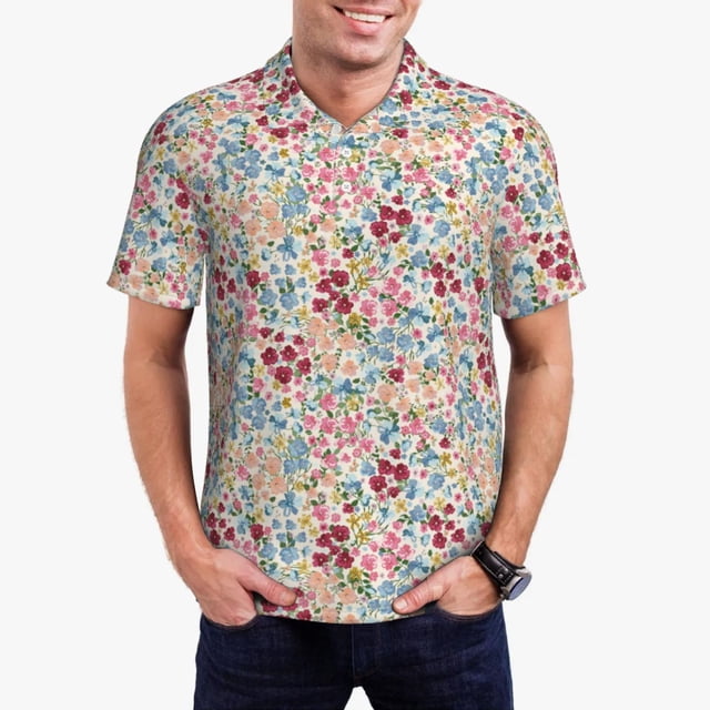 Fotbe Trendy Floral Design Camiseta Polo de Golf para Hombre con Estampado – Camisa Deportiva Transpirable con Cuello Abotonado-3X-Large