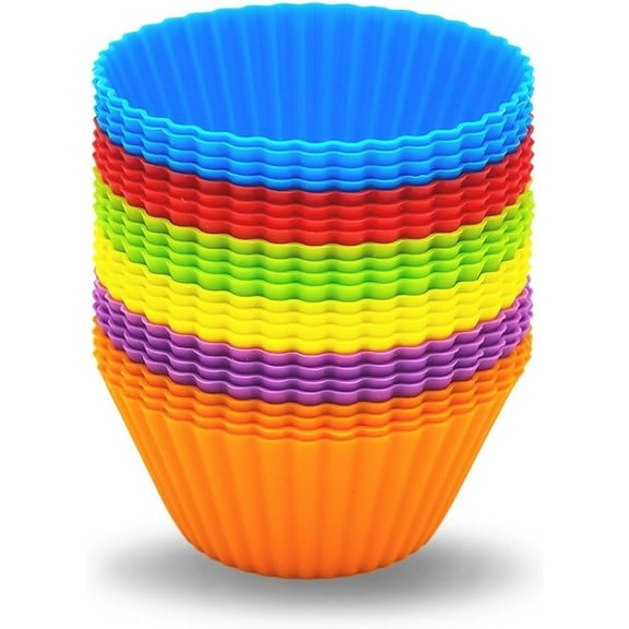 24 Pack Silicone Cupcake Baking Cups,Reusable and Non-stick Cupcake Liners with 6 Rainbow Colors,Muffin Molds for Party Halloween Christmas (Standard,Rainbow-B)
