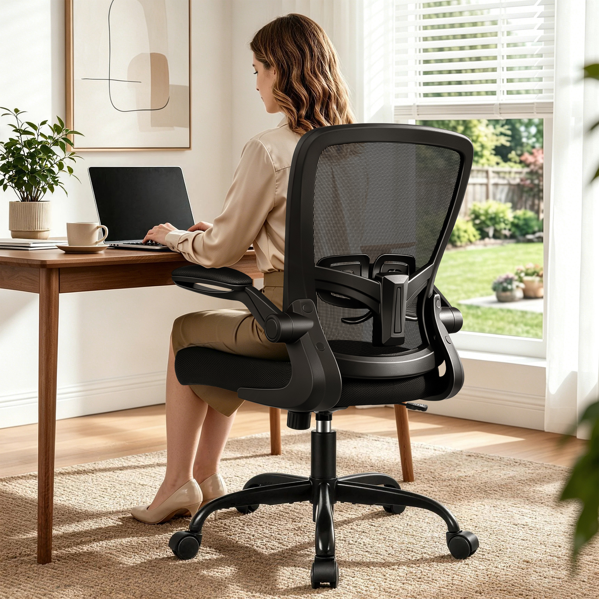 COOLHUT Ergonomic Office Chair, Home Office Desk Chair, Comfort Mesh Task Chair with Adjustable Lumbar Support and Flip up Arms, Black