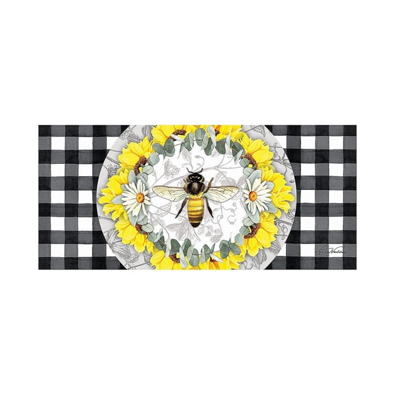 Evergreen Honey Bee and Flowers Sassafras Indoor Outdoor Switch Doormat 10"x1'10" Yellow