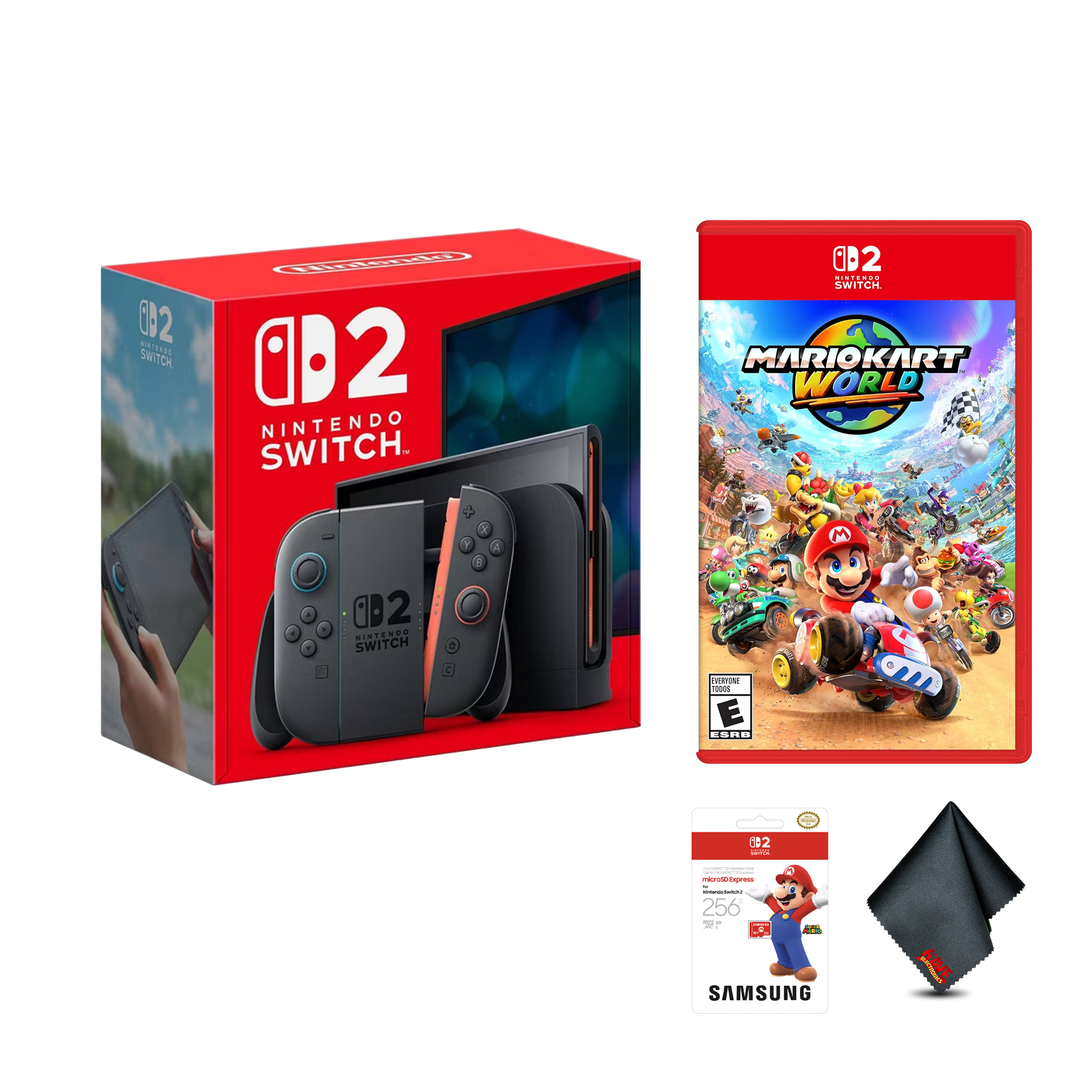 Nintendo Switch 2 Console, 256GB, 7.9 Inch 1080p HDR Screen, Joy-Con 2 Controllers, 4K TV Output + Samsung Memory Card 256GB + Nintendo Mario Kart World for Switch 2 + Microfiber Cleaning Cloth