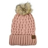C.C Thick Cable Knit Faux Fuzzy Fur Pom Fleece Lined Skull Cap Cuff Beanie, Lattice Indi Pink