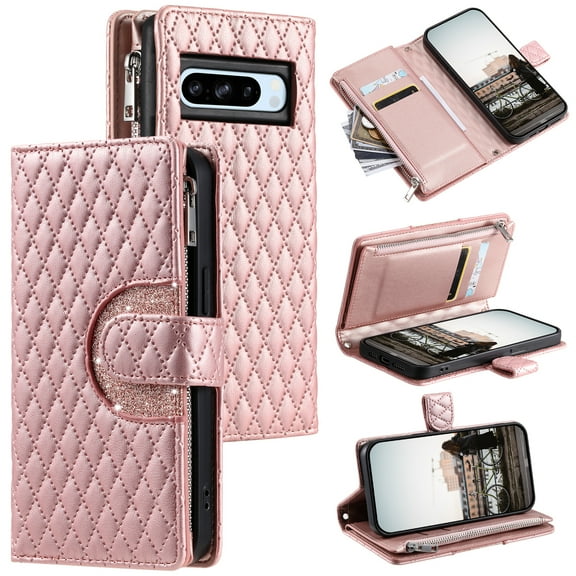 TECH CIRCLE Wallet Case For Google Pixel 8 Pro,PU Leather Zipper Flip Folio Bling Case Wristlet Shoulder Strap Magnetic Closure Stand Protective Case for Google Pixel 8 Pro 6.7" 2023,Rosegold