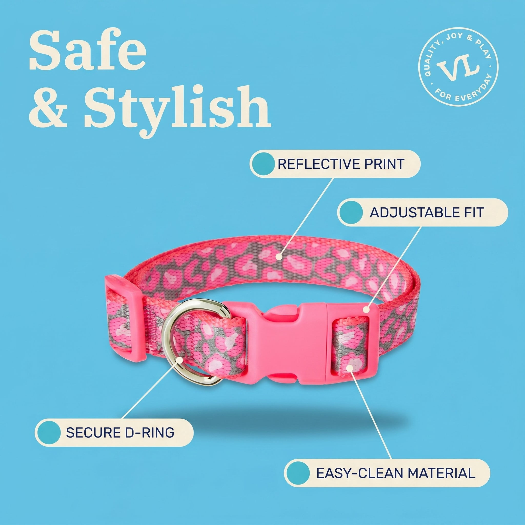 Vibrant Life Reflective Adjustable Dog Collar, Pink Cheetah, M