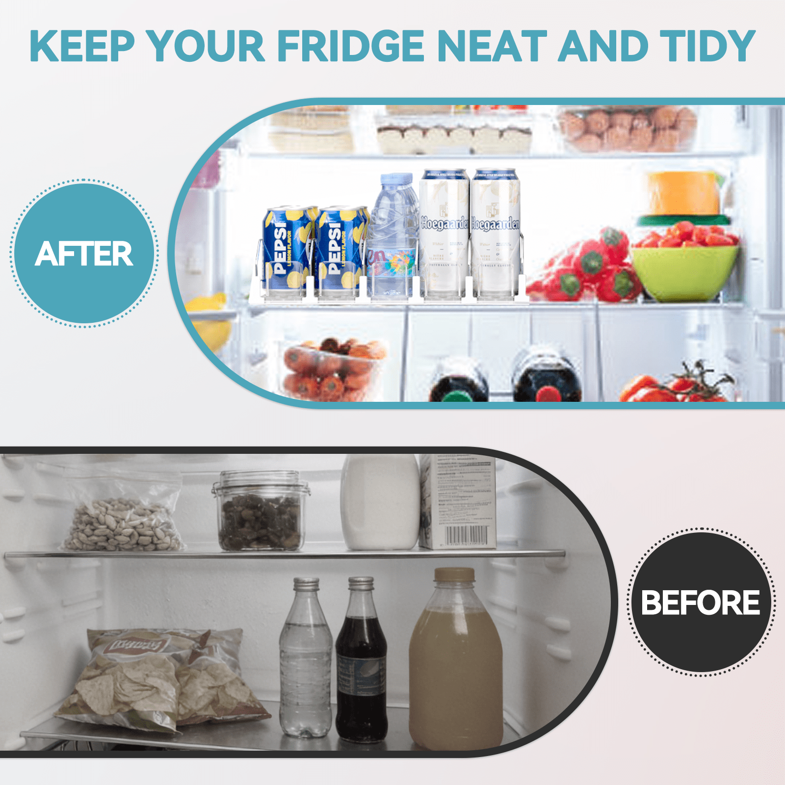 CZS Drink Organizer for Fridge, 6-Row Automatic Can Dispenser with Adjustable Width, Self-Pushing Soda & Bottle Rack Holds 15 Cans, Space-Saving White Design