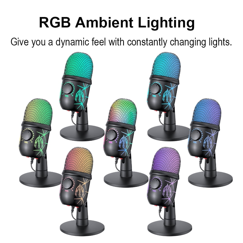 Gaming USB Microphone for PC, Gaming Microphone with RGB Lighting Headphone Output Volume Control Mute Button Noise Cancellation for Studio Recording, Karaoke,  Streaming Podcast