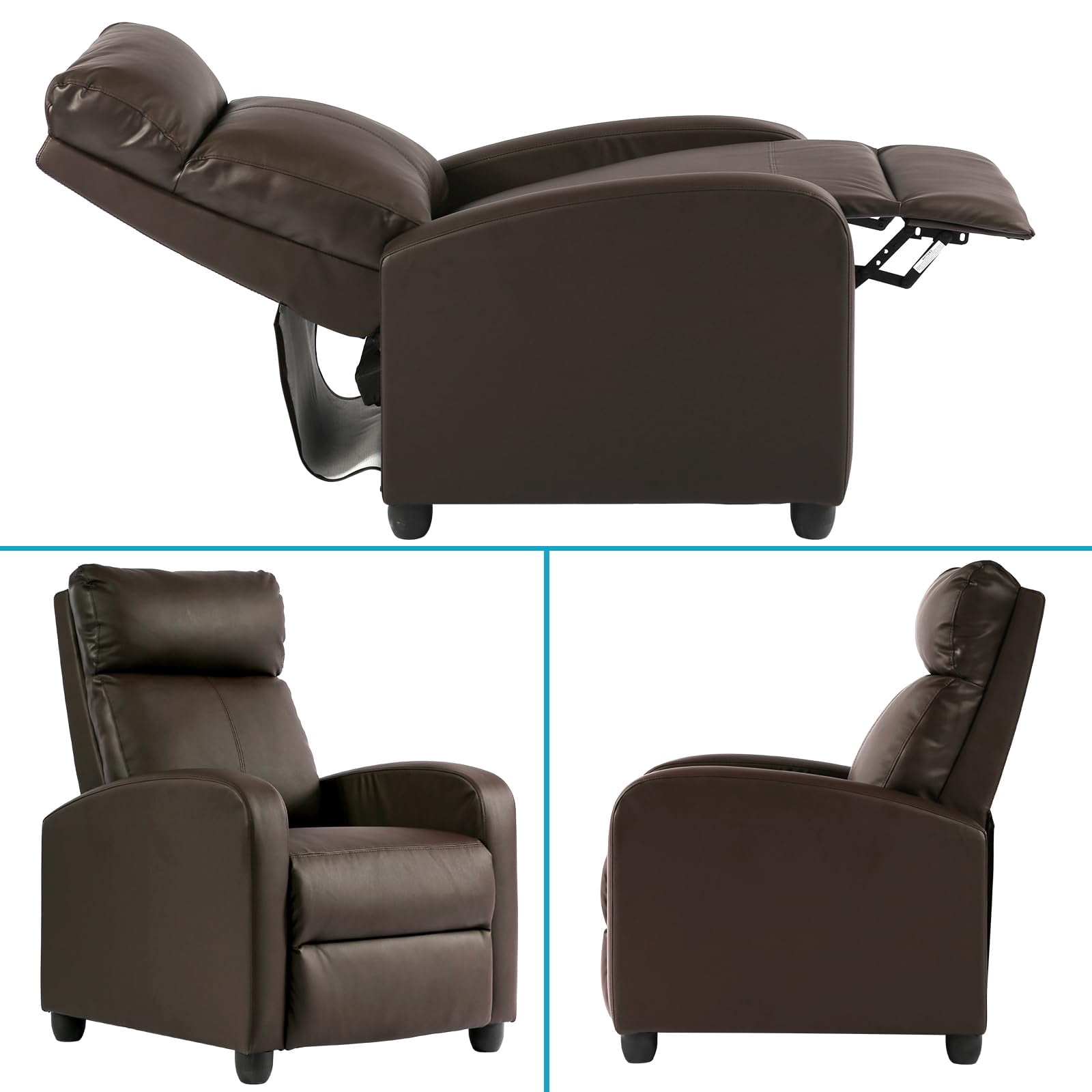 NiamVelo Recliner Chair for Adults, PU Leather Recliner Sofa with Lumbar Support, Adjustable Modern Reclining Chair with Padded Seat Backrest for Home, Living Room, Theater （Brown）