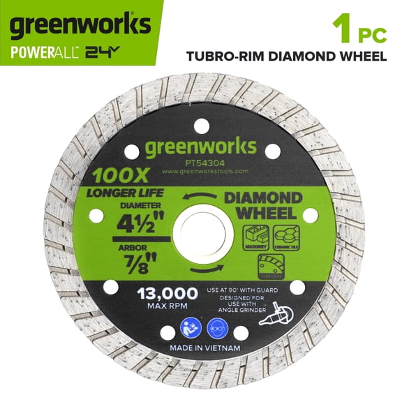 Greenworks 4-1/2" Turbo-Rim Diamond Wheel, for Use With Angle Grinder, Wet or Dry, for Ceramic Tile or Masonry
