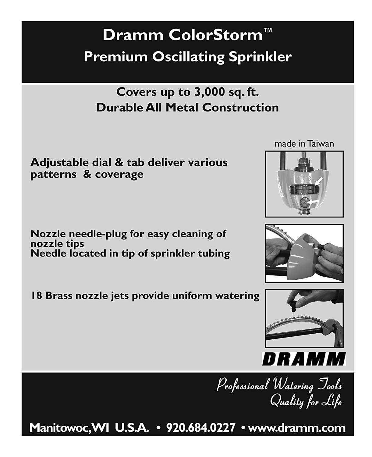 Dramm ColorStorm Heavy-Duty Metal 3000 Sq. Ft. Blue Oscillating Sprinkler — Garden & Landscape Use, Standard Connection