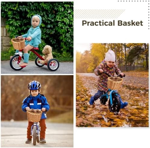 Kids Bike Basket with Adjustable PU Belts, Wicker Bike Baskets Handmade Woven Rattan Bike Basket Front Handle Children Bike Basket for Children Bicycle Accessories