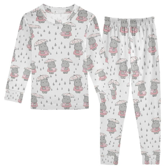 joogoo Cartoon Hippo in Rain 2 Piece Long Sleeve Tee and Pants Cotton Pajama Set 5Y