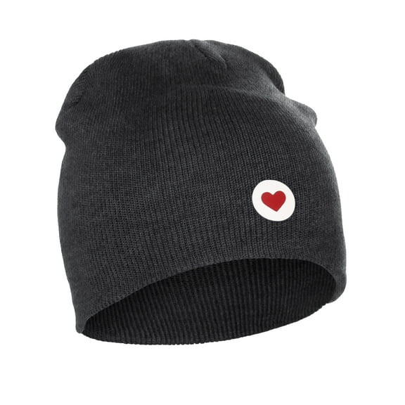 I&W Classic Winter Cuffless Beanie Knit Hat Love or Broken Heart Logo (Charcoal Beanie, White Red Love Heart)