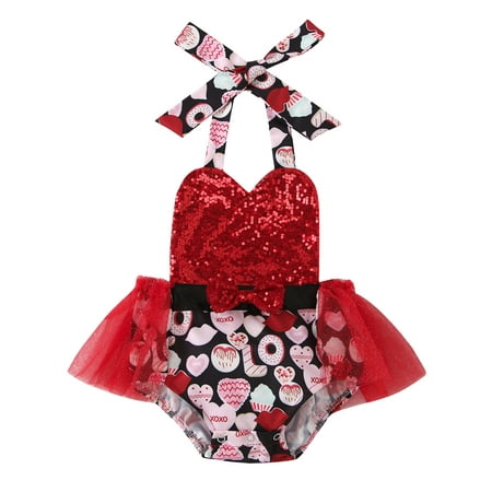 

Suanret H Newborn Baby Girls Sequined Love Print Halter V-neck Tutu Romper Dress