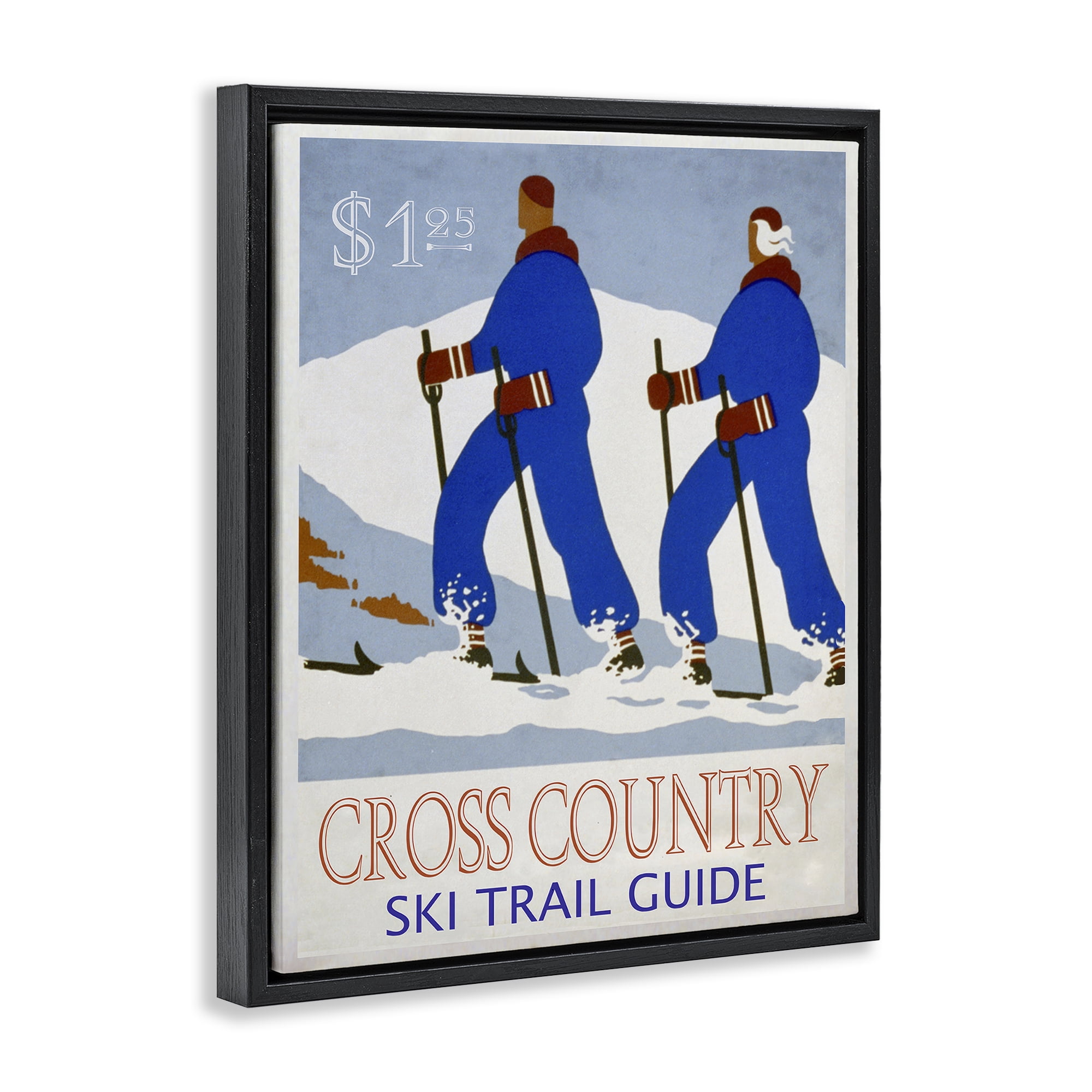 Stupell Industries Vintage Cross Country Ski Sports Painting Black Floater Framed Canvas Art Prints Wall Art, 17 x 21