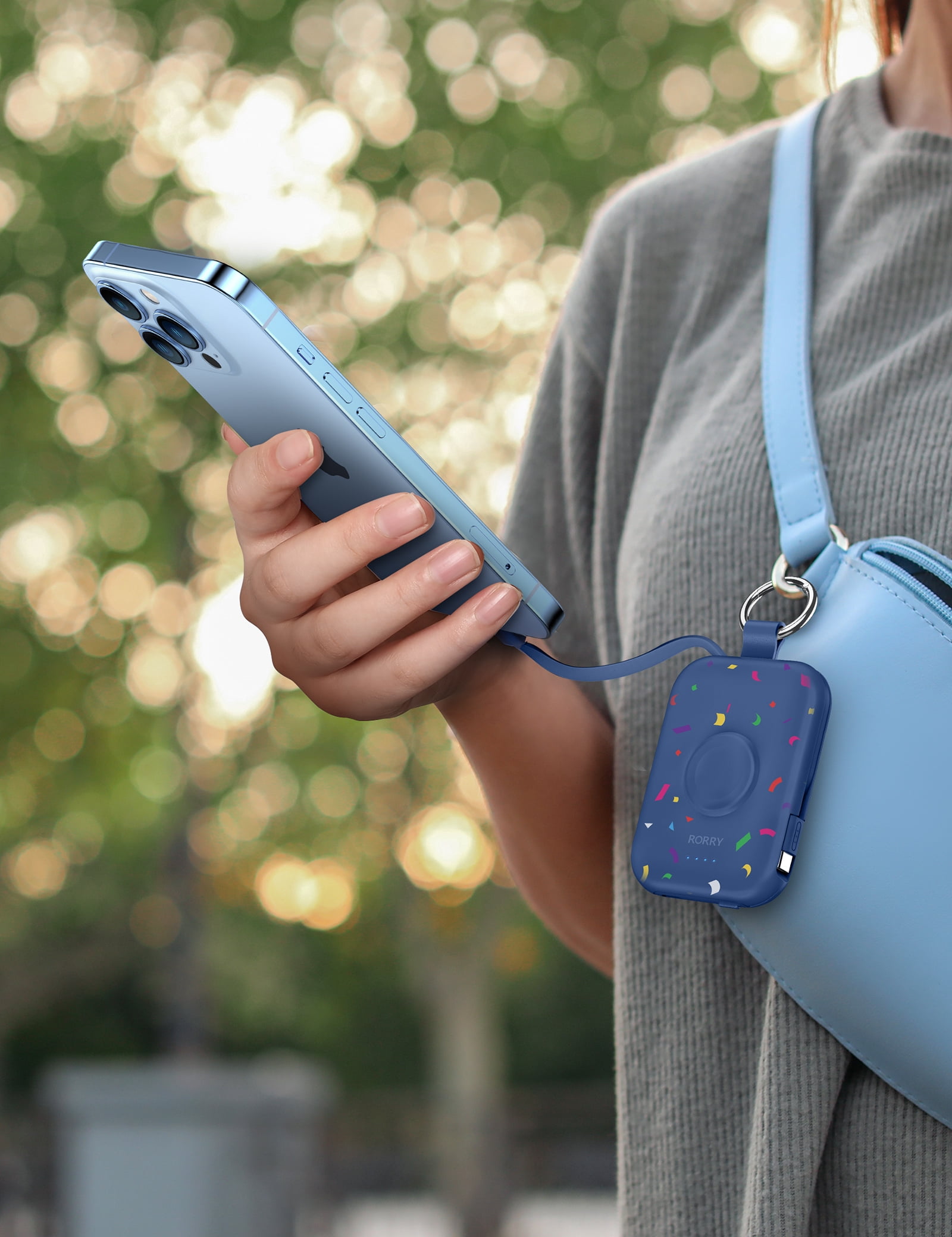 RORRY Portable Charger, 5000mAh Power Bank - Apple Watch Charger with Built-in Cables,Travel-Ready Portable Charger for iPhone 17/ 16/15/14 ,Android ,Apple Watch Ultra2/11/10/9/8, Confetti-Blue