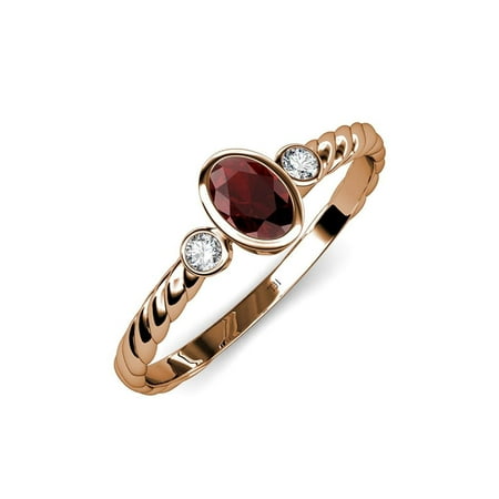 

Red Garnet and Diamond (SI2-I1 G-H) Three Stone Rope Ring 0.61 ct tw in 14K Rose Gold.size 8.0