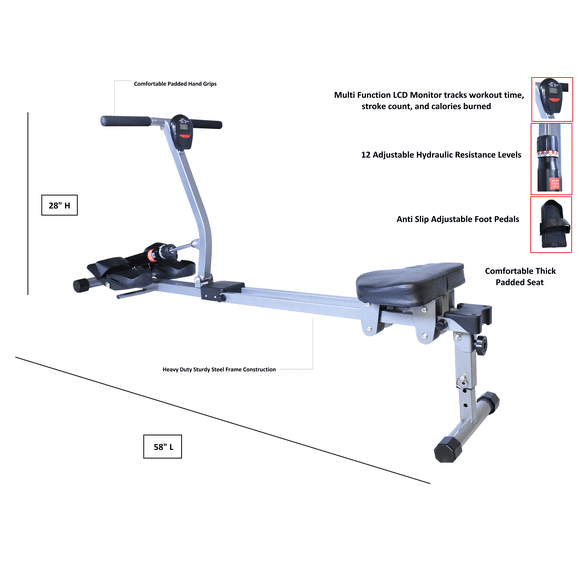 X Factor Rowing Machine Regatta Pro Rower Glider 12 Hydraulic Motion Resistance Levels for Full Body Workout Exercise Muscle Cardio Home Gym with LCD Monitor