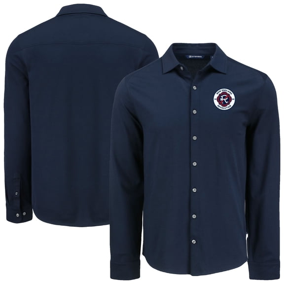 Men's Cutter & Buck Navy New England Revolution Knitted Advantage Tri-Blend Eco Soft Pique Long Sleeve Button-Up Shirt