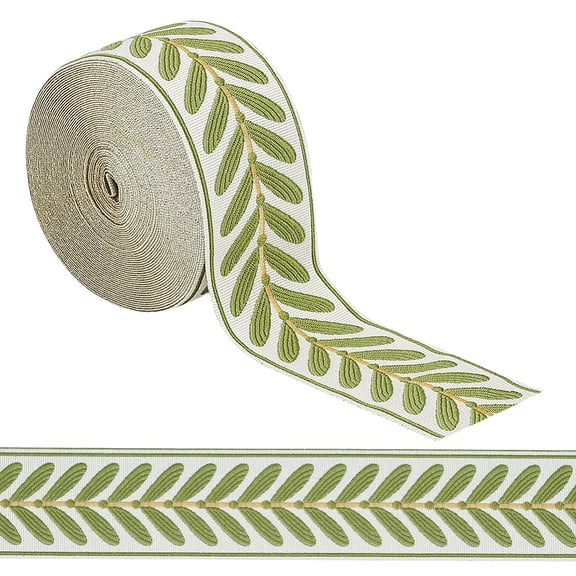 10.9Yards Jacquard Ribbon Trim 2.4 Inch Leaf Pattern Jacquard Polyester Ribbons White Green Leaf Jacquard Woven Embroidery Trim