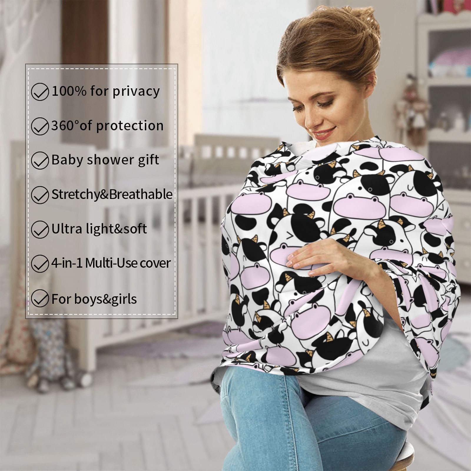Fotbe Cute Animal with Cow Pattern Car Seat Covers for Babies, Nursing Breastfeeding Cover Infant Carseat Canopy, Soft Stretchy Carrier Cover