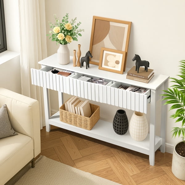 Modern White Console Table with 3 Drawers & Open Shelf, 51.2" Sofa Table for Entryway, Hallway, Behind Couch, MDF Construction, Handleless Design