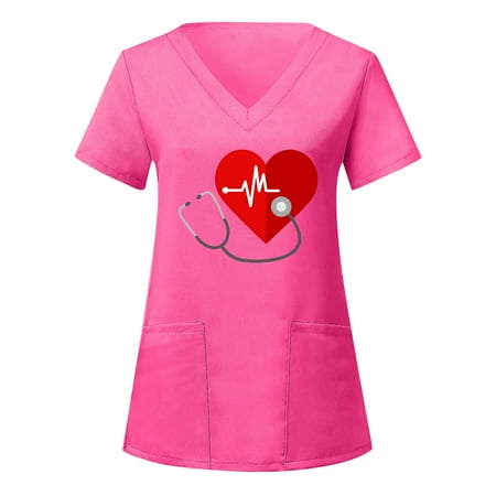 

Youmylove Women Scrubs Tops Short Sleeve V-Neck Heart Printed Top Working Uniform With Pockets