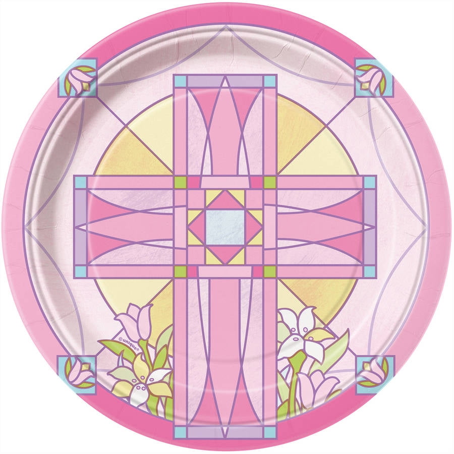 7" Pink Sacred Cross Religious Paper Dessert Plates, 8ct