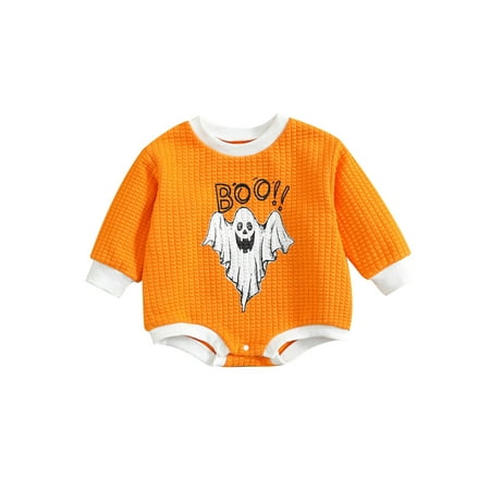 

Newborn Baby Girl Boy Halloween Clothes Boo Ghost Print Sweatshirt Romper Waffle Knit Crewneck Oversized Pullovers