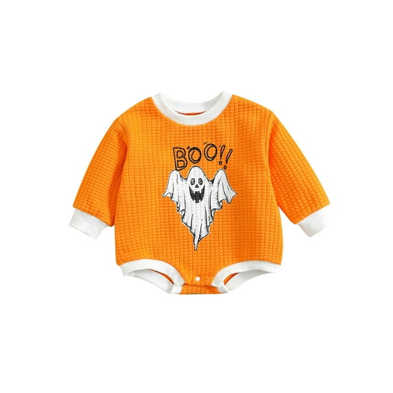 Gureui Newborn Infant Toddler Baby Girl Boy Halloween Romper, Long Sleeve Round Neck Ghost Letter Print Fall One-Piece Bodysuit
