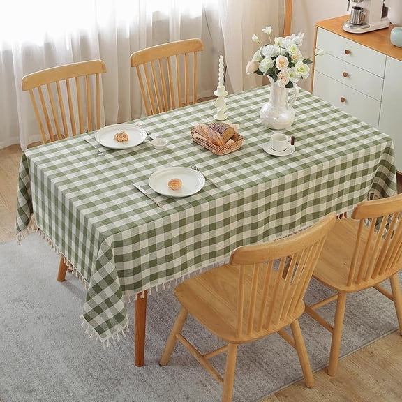 Checkered Rectangle Tablecloth Cotton Linen Fabric Gingham Table Cloth Buffalo Plaid Table Cover with Tassel Wrinkle Free Washable for Kitchen Dining Picnic, Green and White, 52X70''