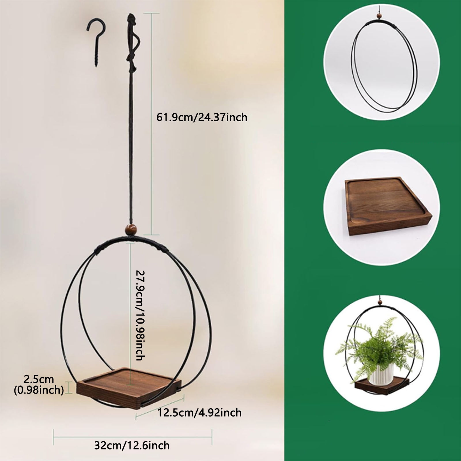 Modern Metal Hanging Planter - Indoor/Outdoor Hanger with Sturdy Wood Base - Wall/Ceiling Mounted Flower Pot for Home Decor - Space-Saving Design for Herbs, Succulents & Small