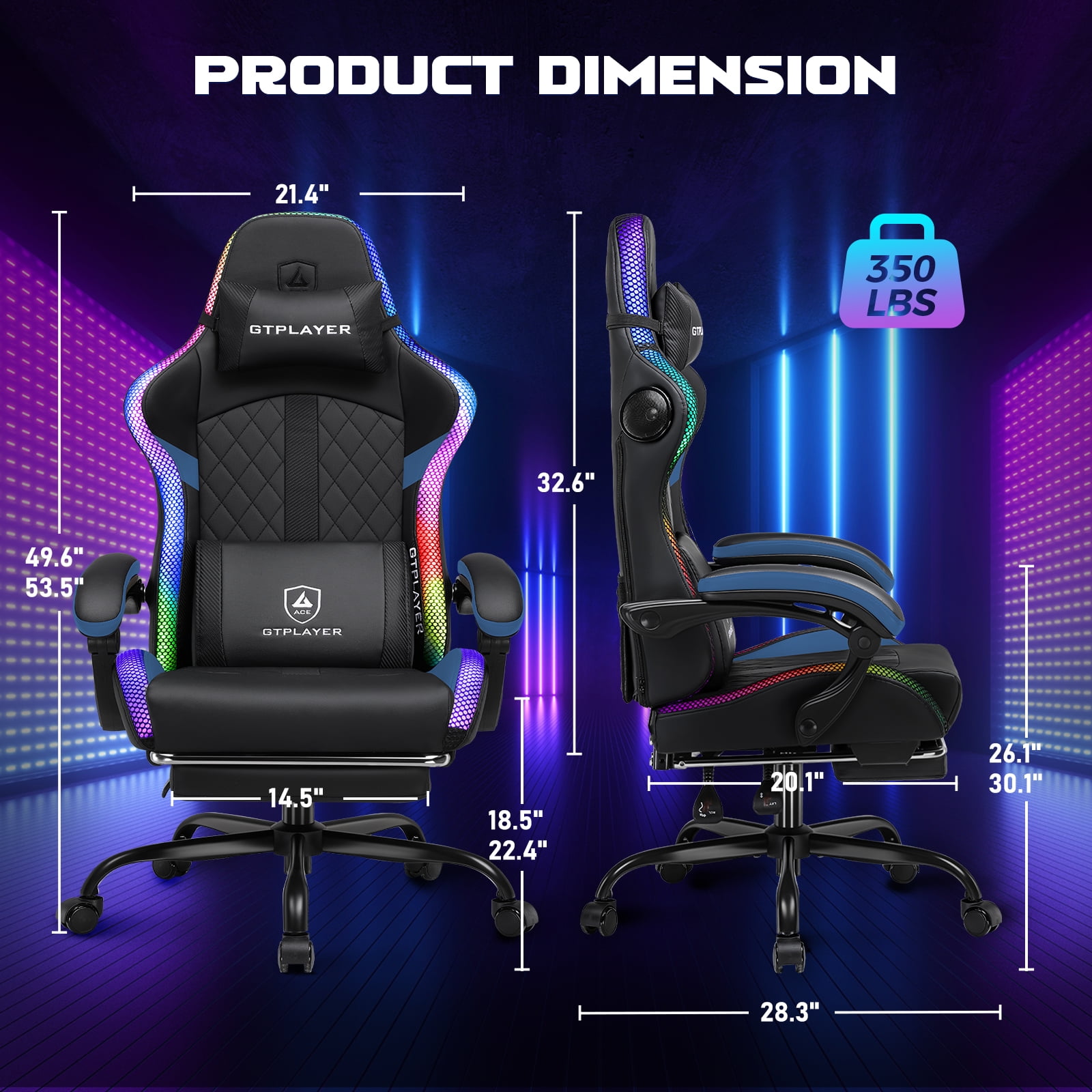 GTPLAYER RGB Gaming Chair with Speakers, Computer Gamer Chair with Footrest and LED Lights, Blue