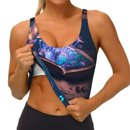 Qokaie Book Glowing Mushrooms Pattern Womens Scoop Neck Sports Bra Breathable Workout Vest Padded U Back Medium Impact Fitness Gym Yoga Bra Workout Crop Top